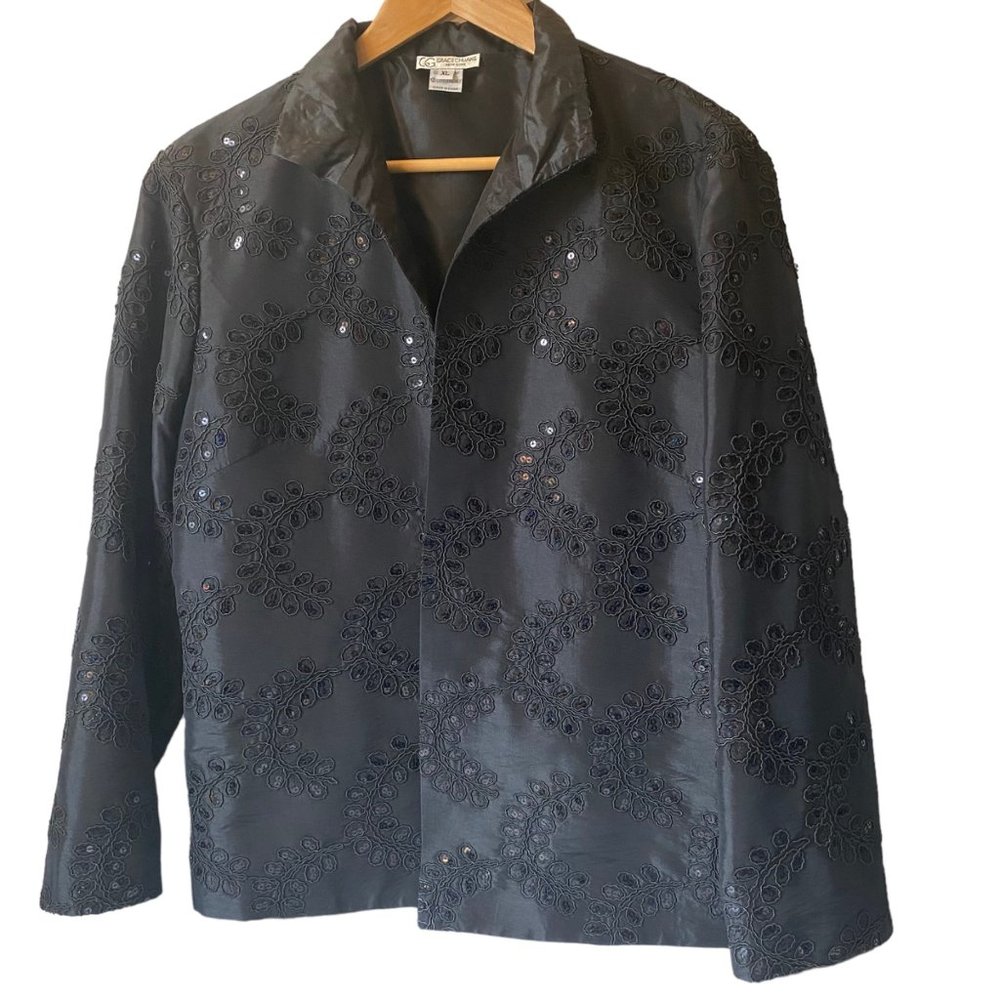Grace Chuang women XL vintage black jacket embroidered sequins New Years Eve